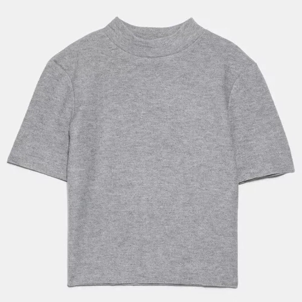 Zara | EUC Trafaluc Gray Mock Neck Short Sleeve Knit Sweater Top Size Large - Picture 3 of 8